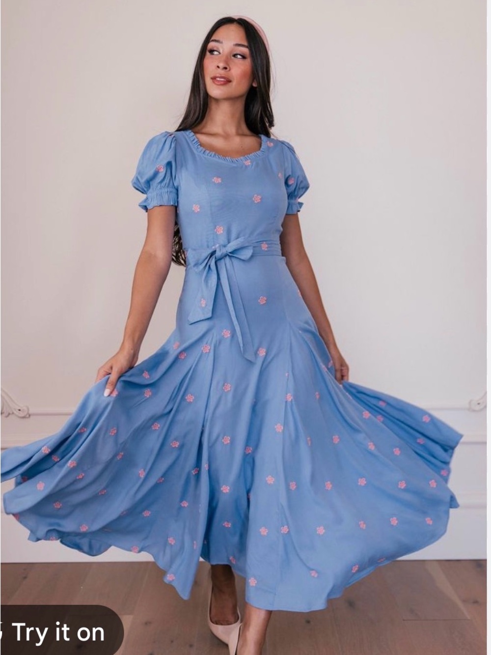 JessaKae Blue Midi Dress with Pink Floral Embroidery and Waist Tie